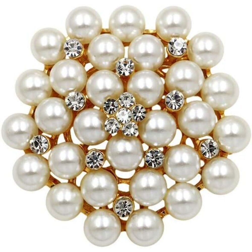 Women's Elegant Imitation Pearl Floral Crystal Brooch Pin for Wedding Bridal